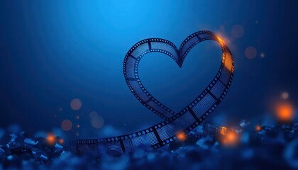 heart-shaped film strip on deep blue background with scattered film pieces and warm orange bokeh lights evoking romantic cinematic nostalgia