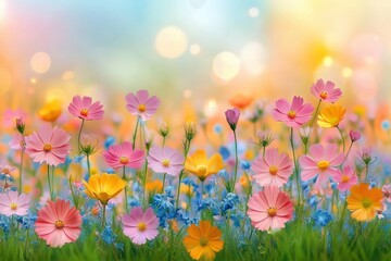 sunlit pastel meadow of pink, yellow, orange and blue wildflowers with green grass and soft bokeh, evoking joyful, peaceful springtime serenity
