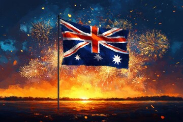 waving blue national flag with red and white corner cross and white stars above a glowing sunset sea, fireworks bursting in the night sky, celebratory proud mood