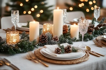 Cozy elegant holiday dining table with lit pillar and votive candles, evergreen garland and pinecones, crystal stemware, white plates on woven chargers, gold cutlery and warm bokeh lights