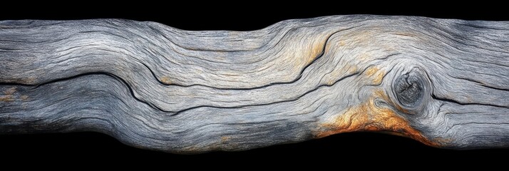 Weathered driftwood log with flowing grain, knotted texture and warm orange highlights conveying calm, aged natural beauty