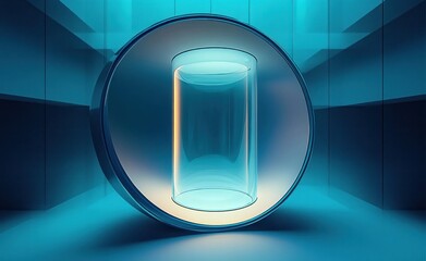 serene futuristic glass cylinder suspended inside illuminated circular frame in a minimalist reflective blue room