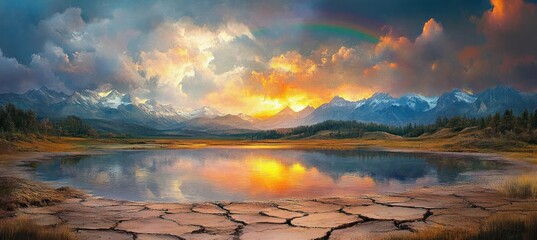 cracked dry earth in foreground leading to a calm reflective lake at a golden sunset, snow-capped mountain range under dramatic colorful clouds and a faint rainbow, evoking awe and hope