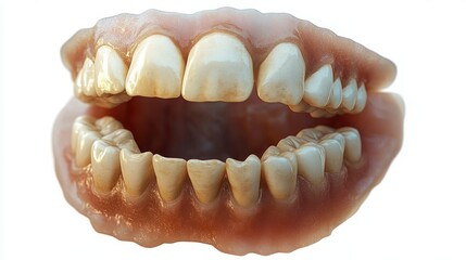 eerie close-up of an open set of stained upper and lower dentures showing realistic teeth and pink acrylic gums on a white background