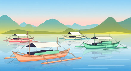 Fototapeta premium Colorful boats rest on tranquil blue water with mountainous backdrop