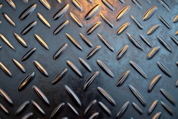 worn diamond plate metal surface with raised elongated treads, rust spots and warm golden reflections conveying rugged industrial resilience