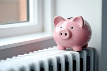 pink ceramic piggy bank resting on a white radiator by a sunlit window conveying warmth and frugal comfort