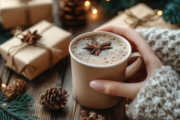cozy hand in a knitted sweater holding a warm mug of spiced hot chocolate topped with star anise, surrounded by wrapped kraft gifts, pine cones and twinkling lights