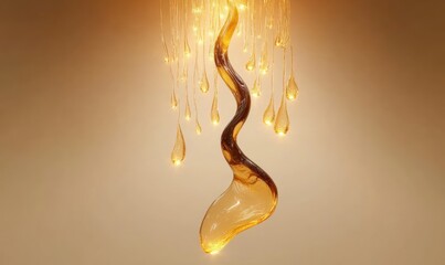 glowing golden glass droplets with a twisting central teardrop suspended against a warm gradient background, serene and ethereal mood
