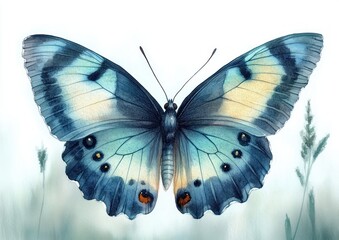 large delicate blue butterfly with spread wings and subtle meadow grasses in soft watercolor tones conveying tranquil ethereal beauty