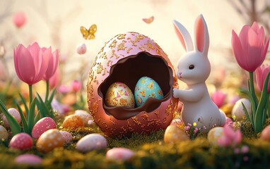 curious white bunny discovering a large ornate cracked chocolate egg filled with colorful decorated eggs among pink tulips and butterflies in a joyful sunny spring meadow