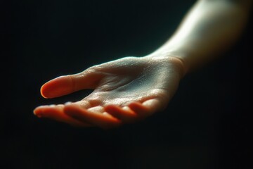 outstretched wet human hand palm up with slightly curled fingers lit by soft warm rim light against a dark background, an inviting and vulnerable gesture