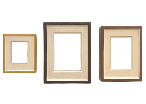 Set of three wooden picture frames with beige mat passepartout isolated on white background.