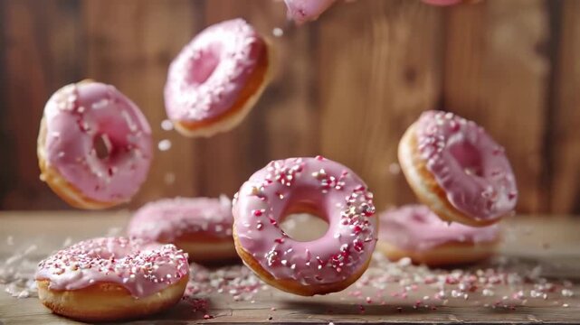 Fresh delicious donuts with pink glaze and sprinkles slowly falling onto wooden table, creating a sweet dynamic dessert video background.
