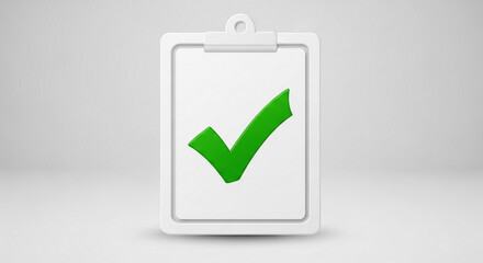 Green checkmark on a white clipboard with gray background symbolizing confirmation and approval