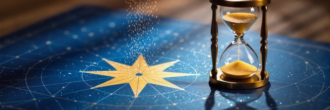Vintage hourglass on a celestial map with magical stardust falling on a star. Concept of time, destiny, and astrology. Cosmic curiosity and fate