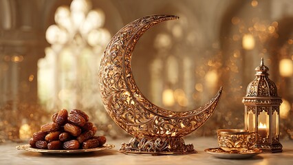 Golden Crescent Moon Dates and Lantern for Ramadan Celebration