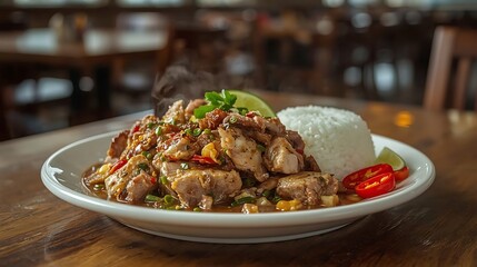 Spicy Asian Meat Dish with Rice Lime and Chili on Wooden Table