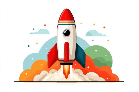 Vector illustration of a colorful rocket launching into the sky with bold design elements
