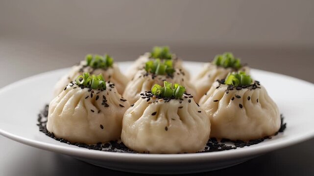 Delicious Steamed Dumplings Topped with Black Sesame Seeds and Scallions on White Plate in Dim Lighting