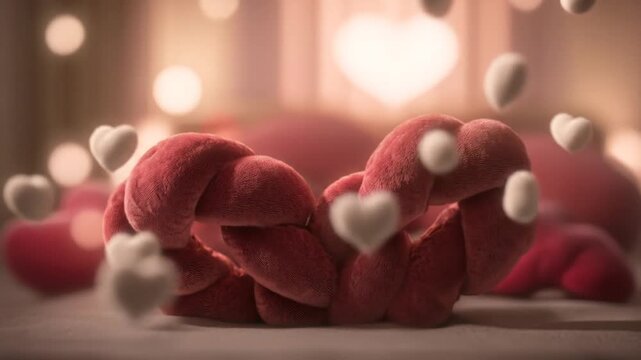A textured, braided red heart with floating white hearts, soft focus, romantic feel