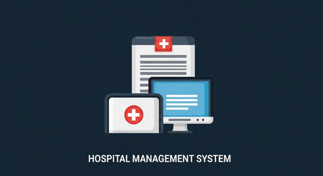 Hospital management system with medical documents and devices on dark background