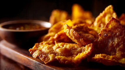 Crispy Golden Fried Fritters with Dipping Sauce Appetizer Closeup