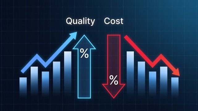 Quality improvement and cost reduction concept with bar chart and arrow showing rising quality and decreasing cost. Visualize business performance optimization, and operational efficiency