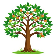 A colorful cartoon tree with green leaves and orange fruits