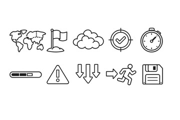 Fototapeta premium Minimal line icon set featuring world map, flag, cloud, check target, stopwatch, progress bar, warning sign, arrows, running figure, and floppy disk