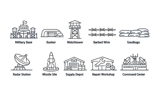 Military defense facility icon set featuring base, bunker, watchtower, barbed wire, sandbags, radar station, missile silo, depot, workshop, command center