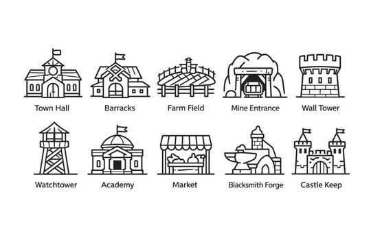 Set of medieval village and fortress buildings line icons including town hall, barracks, farm field, mine entrance, market, blacksmith forge, castle keep