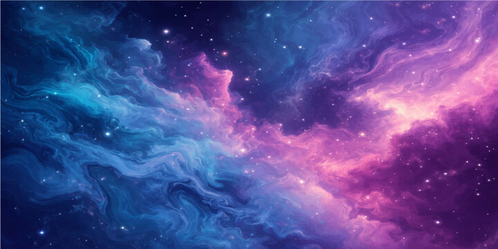 An abstract blue night sky background featuring a bright nebula and dark cosmos textures with glowing stars and colorful galaxy clouds for a modern astronomy science illustration design