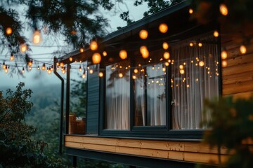 Cozy wooden cabin porch at dusk with warm glowing string lights, large curtained windows, surrounding trees and misty forest creating a peaceful inviting atmosphere