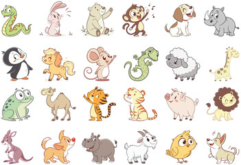 Obraz premium Collection of cute cartoon baby animals with dotted texture, hand drawn style