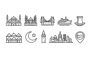Naklejka premium Minimal line icon set featuring mosque domes, minarets, crescent moon, tower, bridge, ferry, tea glass, city skyline, and map pin landmarks