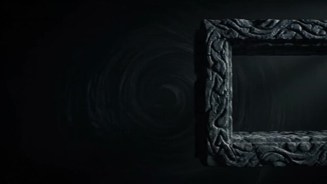 A dark, surreal scene depicts an ancient stone frame in a mysterious environment.