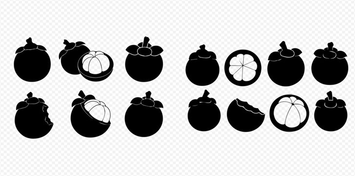 Mangosteen Fruit Silhouettes: Whole, Halved, and Peeled Tropical Delights.