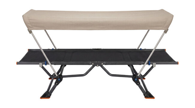 Compact folding cot with a removable canopy.