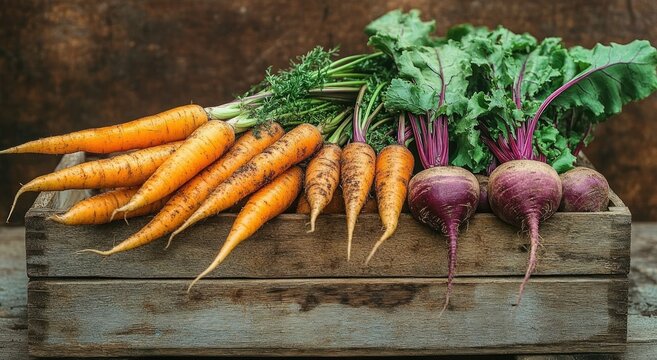 Fresh dirt-covered carrots and purple beets with leafy greens arranged in a rustic wooden crate, evoking an earthy, wholesome farm-fresh feeling
