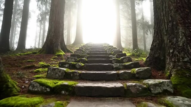 Mossy stone steps leading into bright light in a foggy forest. Mystical destination and spiritual journey concept. Ancient stairway in the woods