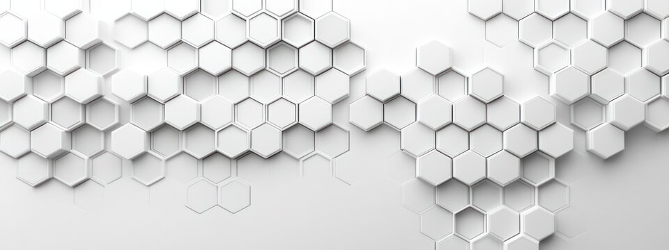 Minimal white 3D hexagonal tile pattern with layered honeycomb geometry, soft shadows and clean depth conveying calm modern precision