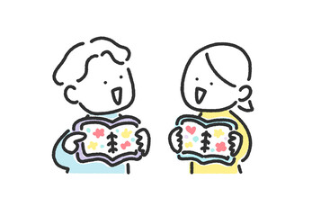 シール帳を使ってシール交換して遊ぶ笑顔の男女　見せ合う