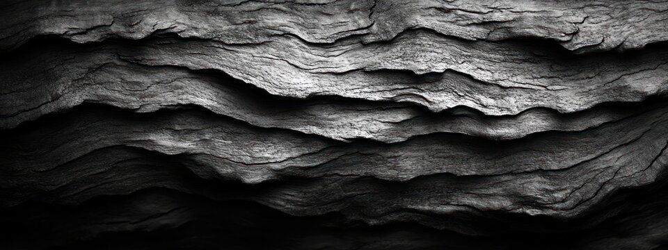 moody monochrome close-up of weathered layered rock strata with wavy textured ridges and deep dramatic shadows