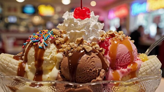 Delicious banana split ice cream sundae in a glass bowl
