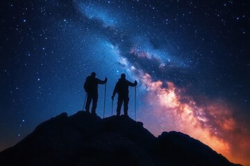 Fototapeta premium two silhouetted hikers with trekking poles and backpacks on a rocky summit beneath a vibrant milky way and star-filled night sky, evoking awe and wonder