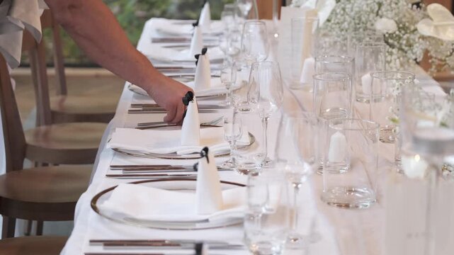 Side view of a hand arranging silverware on a long banquet table decorated for an event. Static shot.