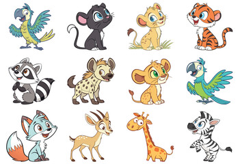 Collection of cute cartoon baby safari and jungle animals parrot, mouse, leopard cub, tiger cub, raccoon, hyena, lion cub, macaw, fox, gazelle, giraffe, and zebra