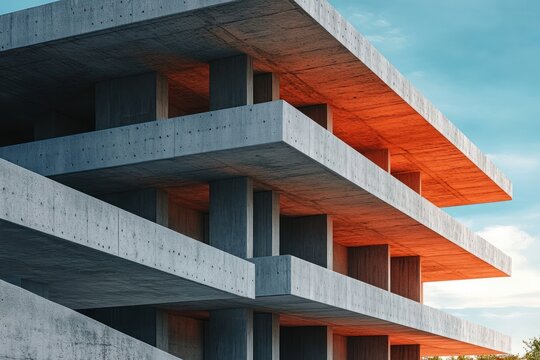 Stacked exposed concrete terraces with cantilevered slabs and vertical columns, warm orange underlighting against a clear blue sky, bold minimalist and dramatic mood