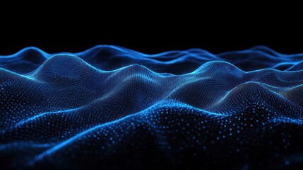 Obraz premium glowing blue wireframe waves and dotted particle grid on a dark background, serene mysterious futuristic digital landscape